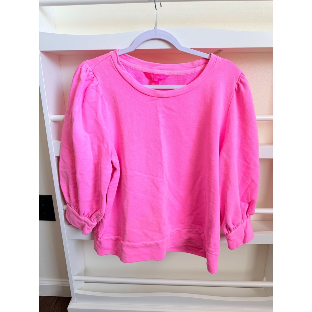 Lilly Pulitzer Etta Puff Sleeve Sweatshirt Neon Pink Cotton French Terry L